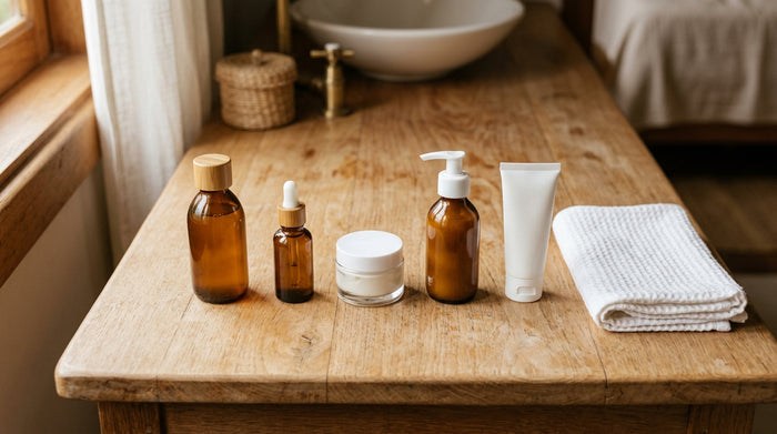 Produtos de skincare organizados em ordem sobre bancada de madeira