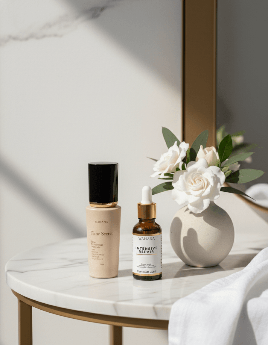 Rotina diurna para pele madura com protetor solar: Passo a passo - Time Secret e Intensive Repair
