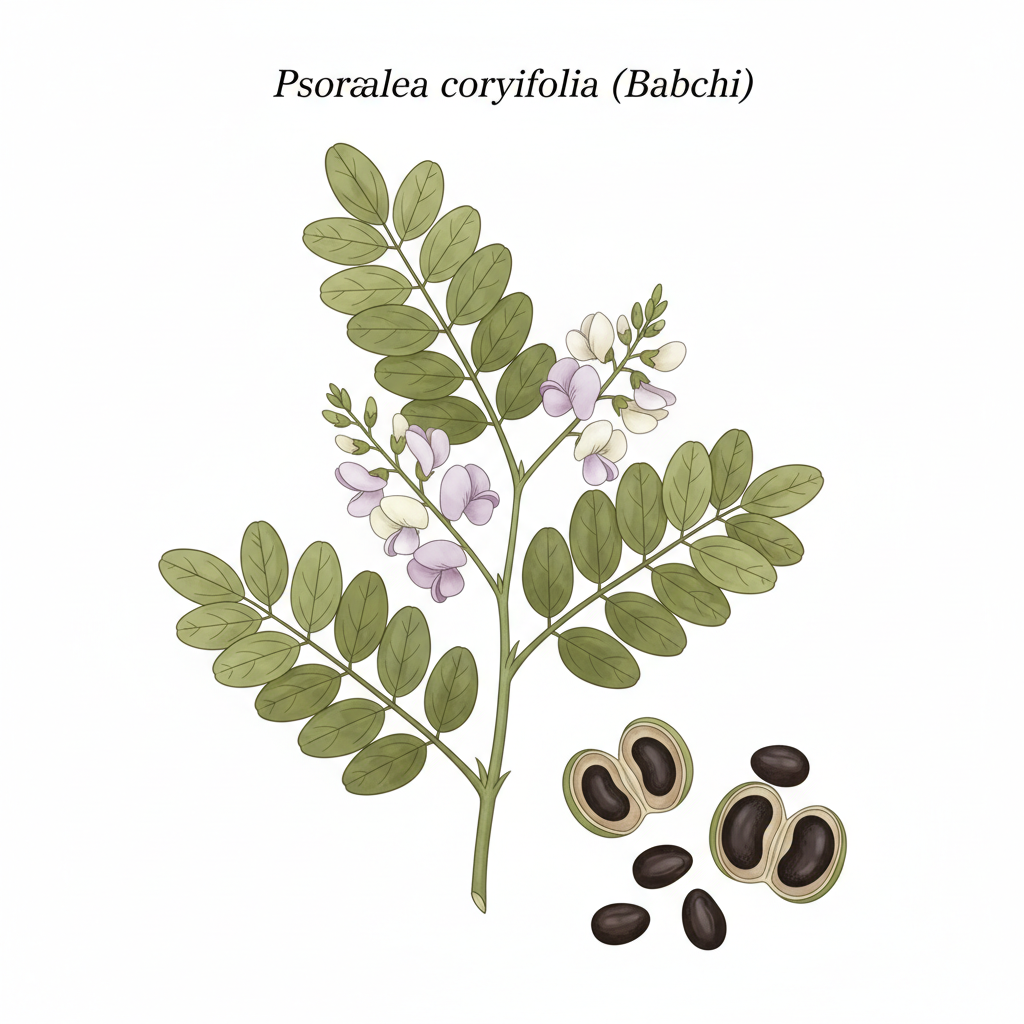 Ilustração botânica da planta Psoralea corylifolia (Babchi) - origem do bakuchiol