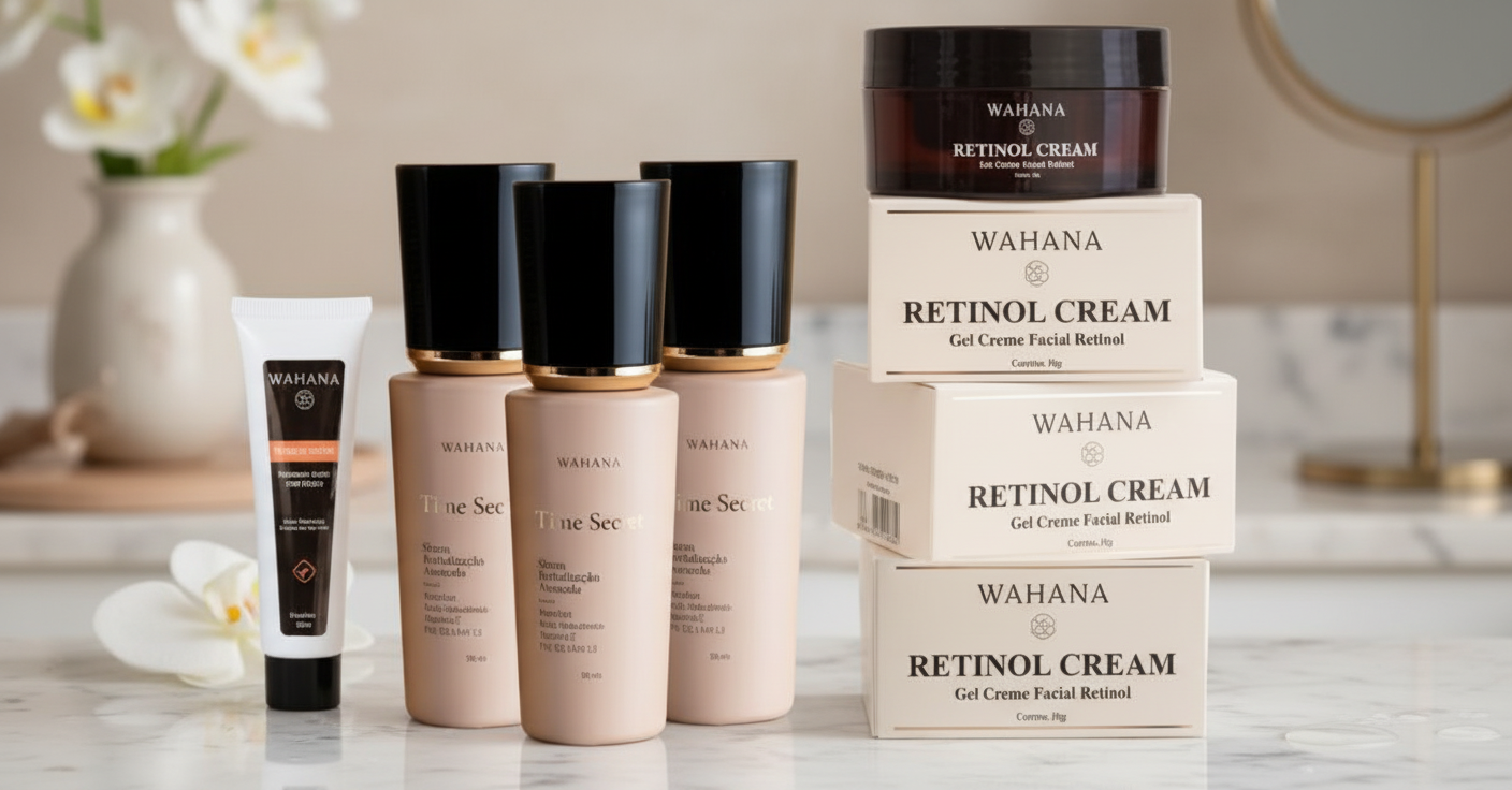 retinol para pele madura com Kit 24 Horas Wahana em bancada premium