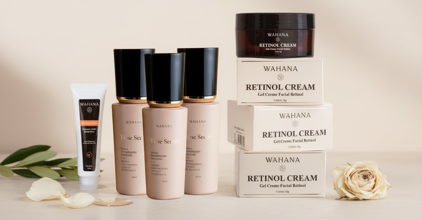 retinol para pele madura com Kit 24 Horas Wahana em hero shot editorial