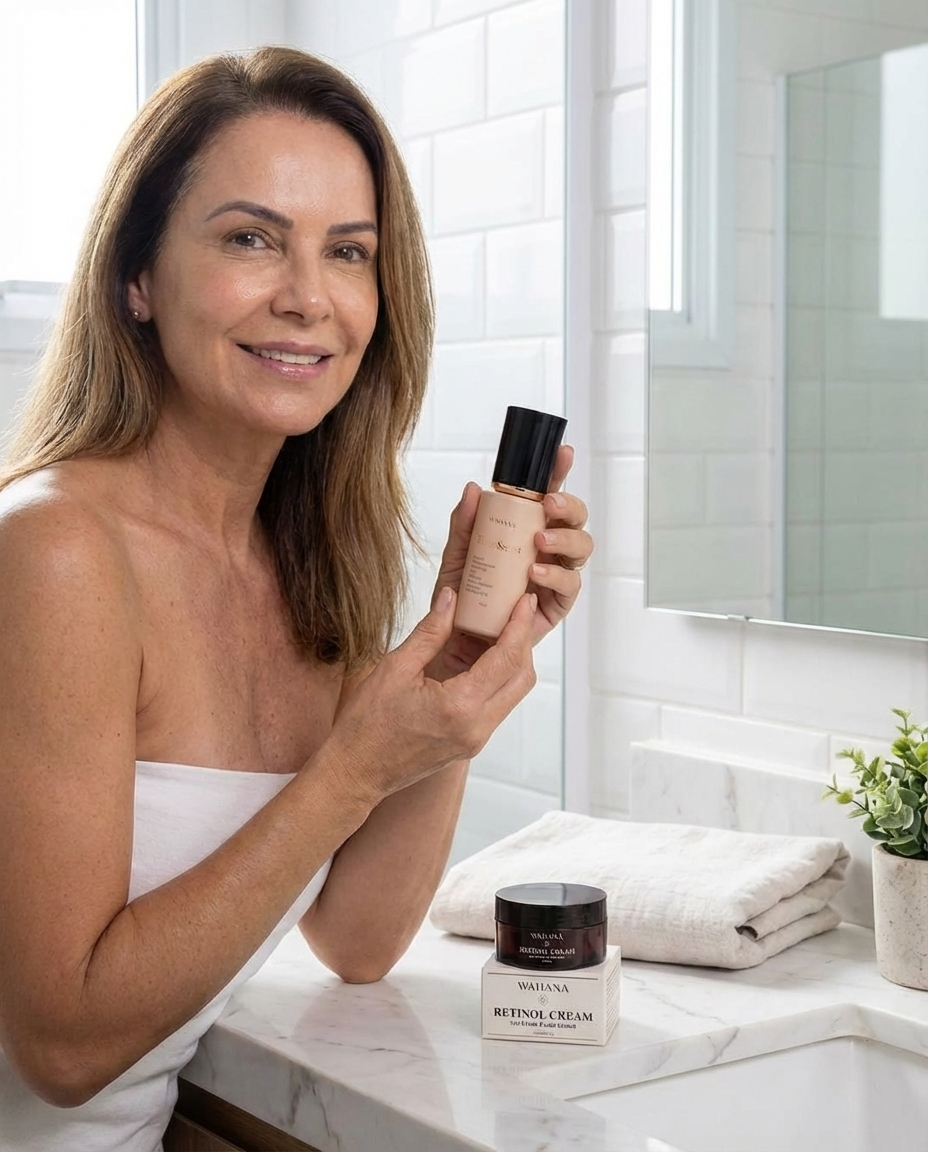 retinol para pele madura - cena real com Time Secret fechado e sem pump vis&iacute;vel