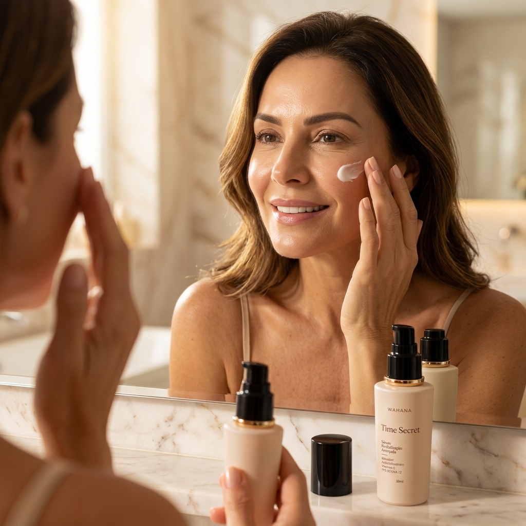 Rotina diurna para pele madura com protetor solar e vitamina C - Time Secret