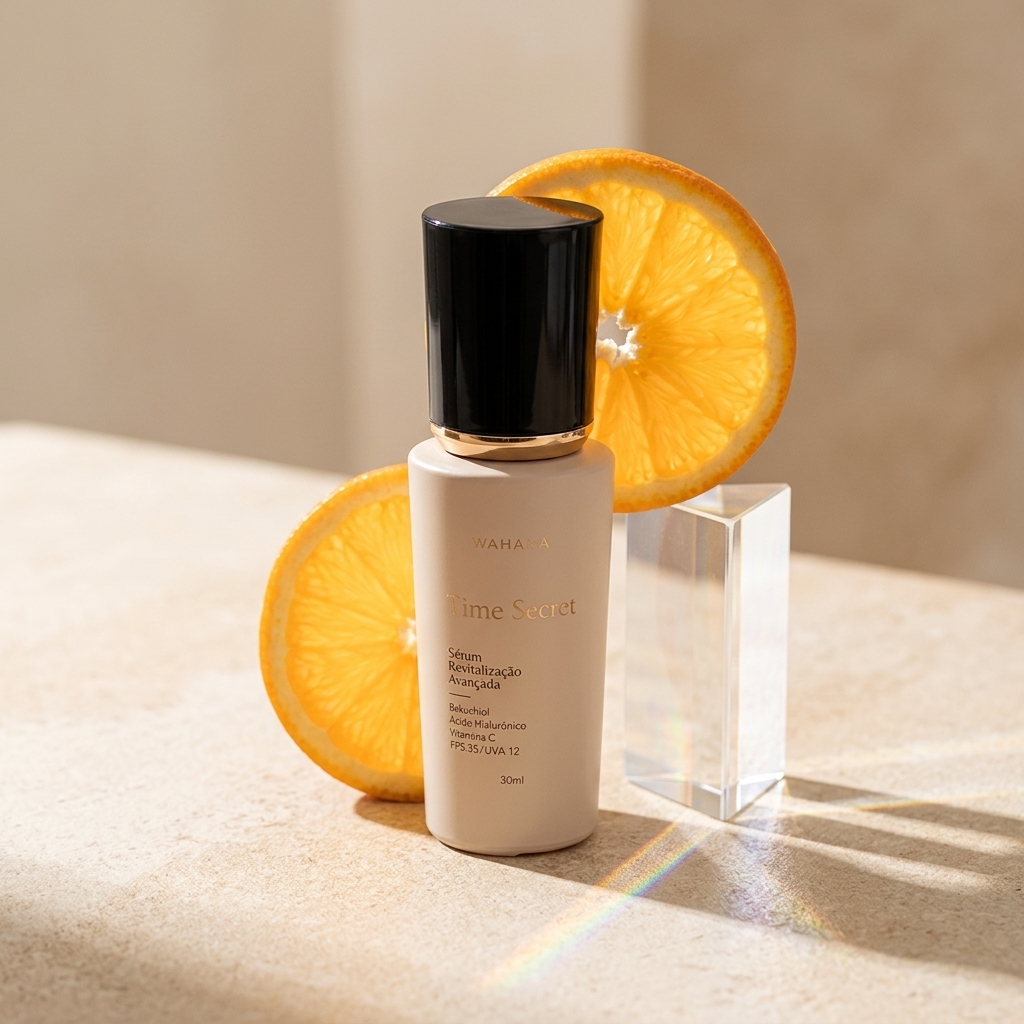 Rotina diurna para pele madura com protetor solar e vitamina C - Time Secret