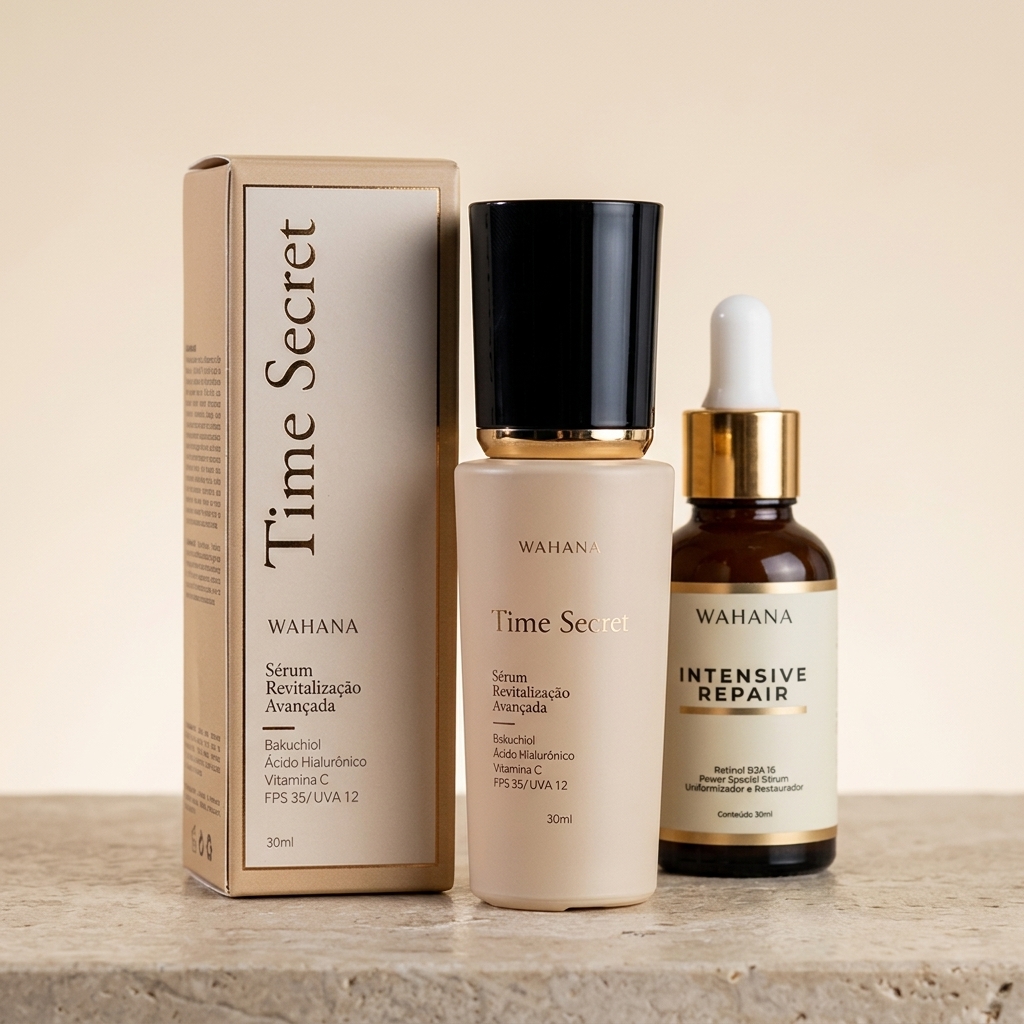 Rotina diurna para pele madura com protetor solar e vitamina C - Time Secret e Intensive Repair