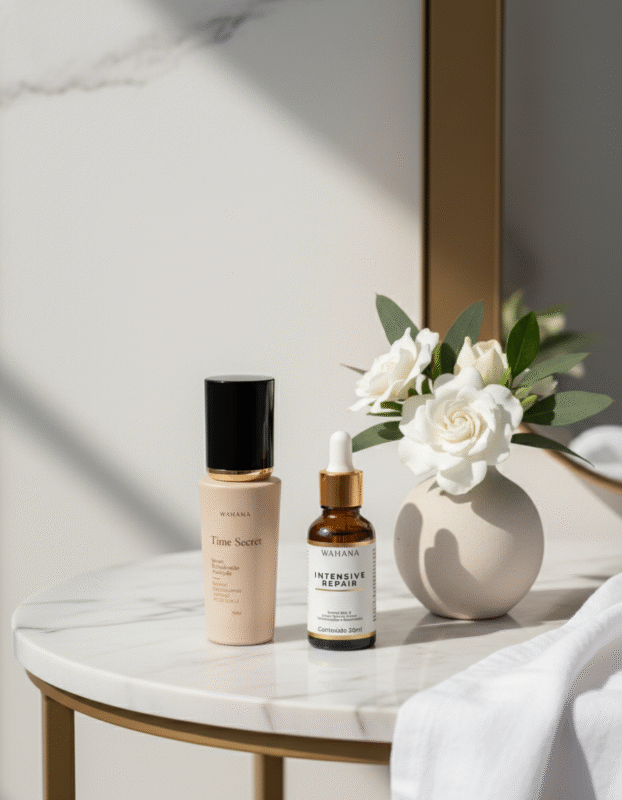 Rotina diurna para pele madura com protetor solar: Passo a passo - Time Secret e Intensive Repair