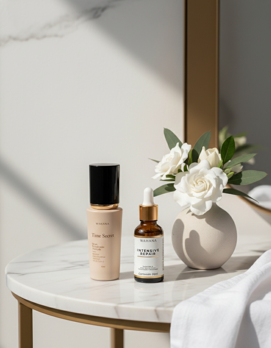 Rotina diurna para pele madura com protetor solar: Passo a passo - Time Secret e Intensive Repair