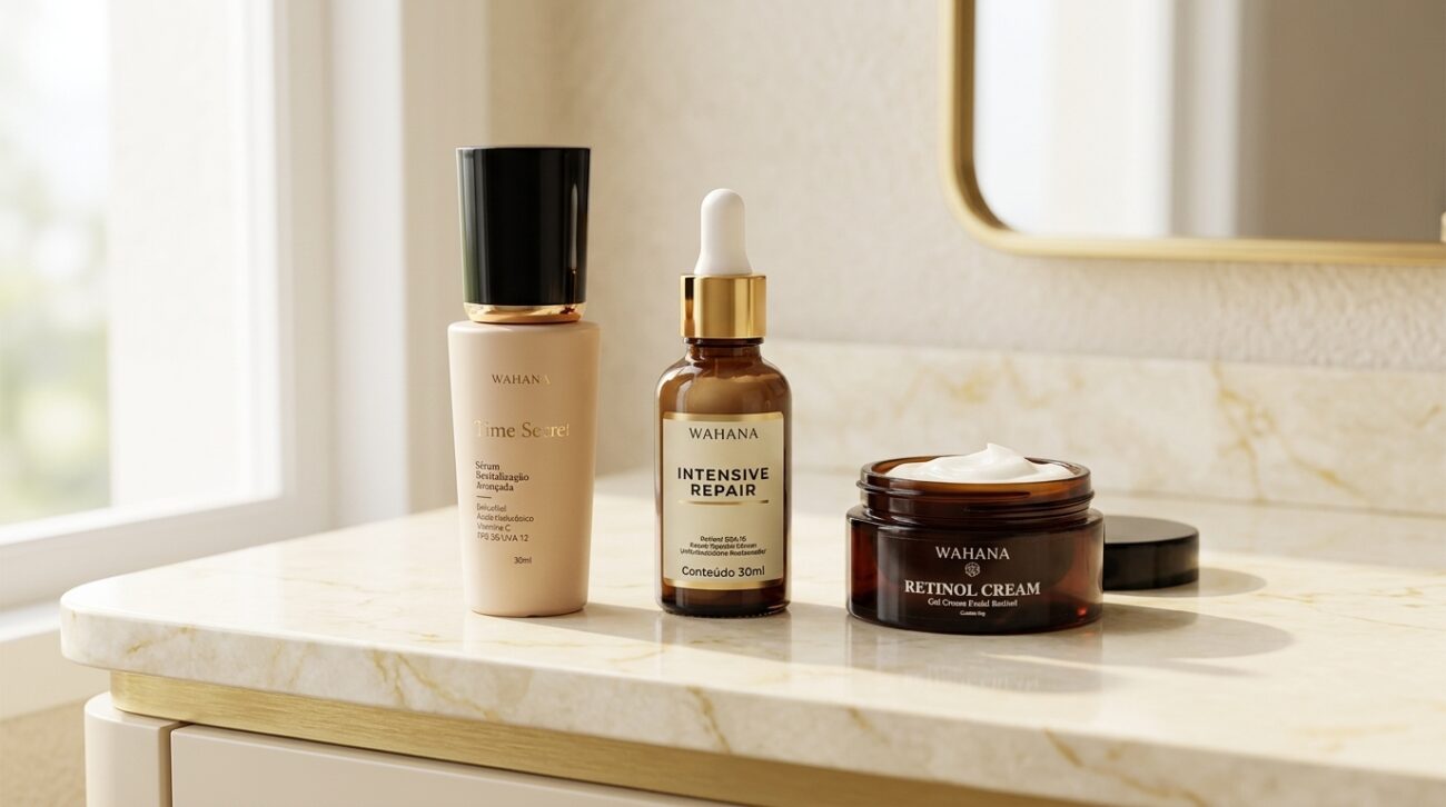 rotina Wahana para pele madura com Time Secret Serum Intensive Repair e Retinol Cream